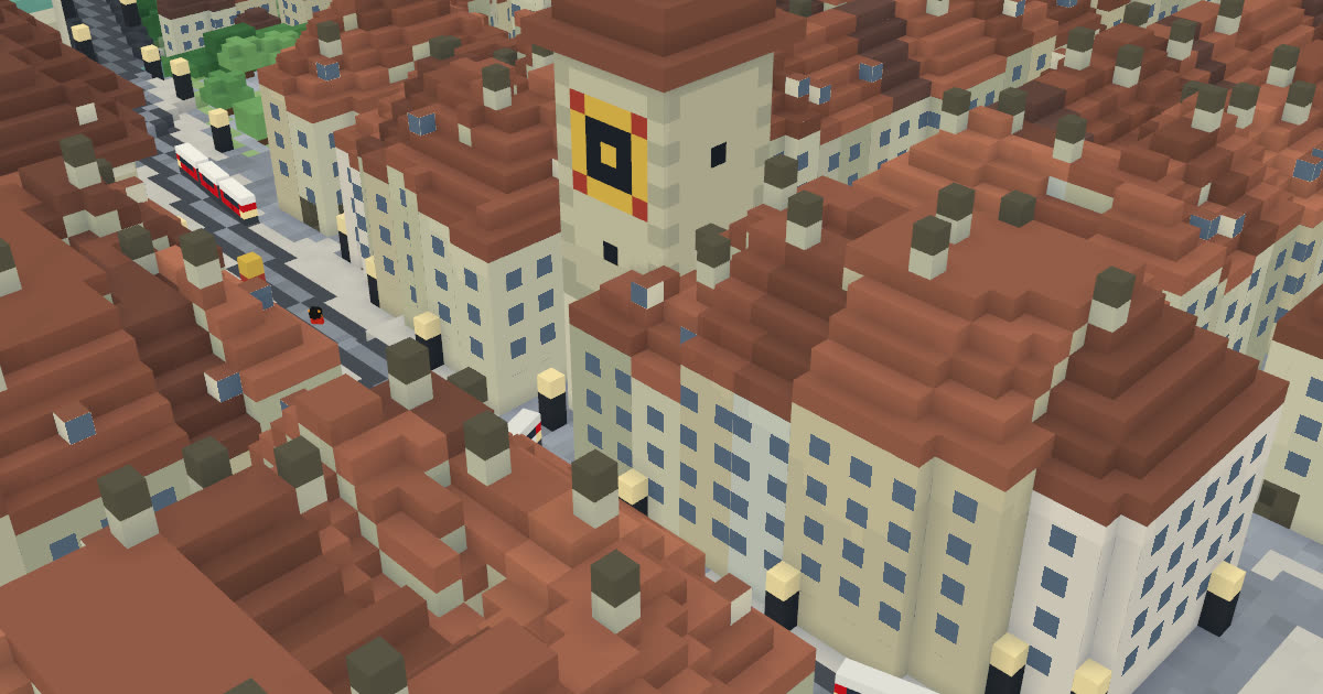 Zytglogge (Zeitglockenturm) in MUTZ City: Ansicht der Voxel-Stadt Bern